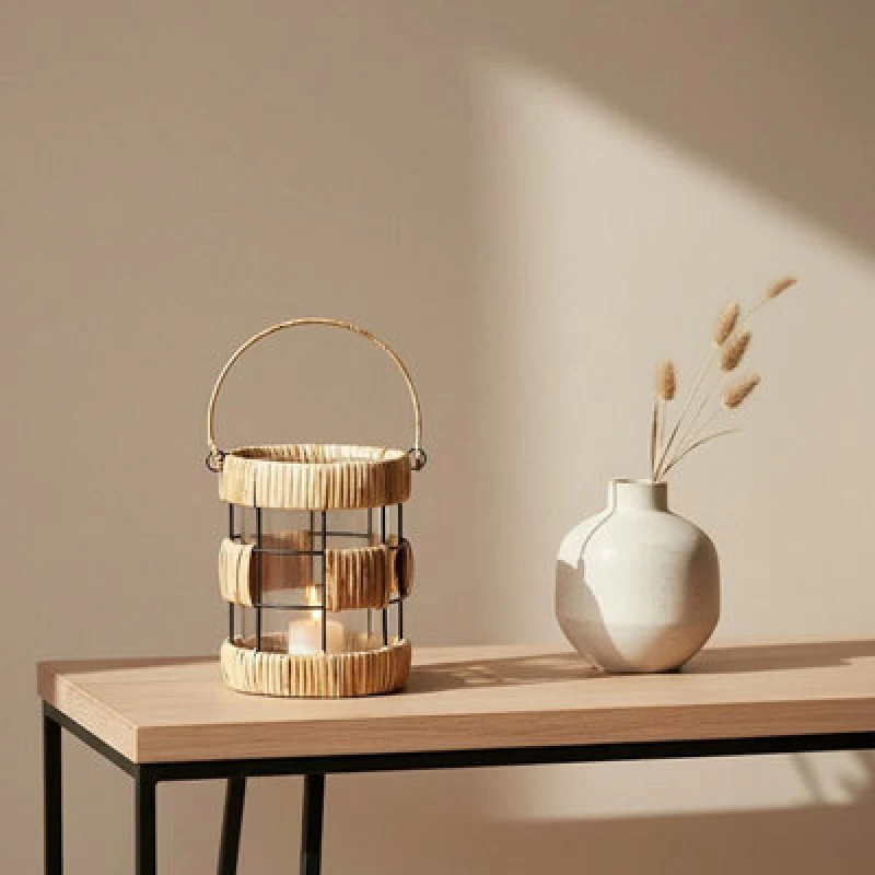 Image of Orsina Natural Rattan Small Lantern, Rustic And Stylish Glass Lantern, Black Metal And Clear Glass Candle Lantern
