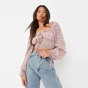 image of Missguided Tall Balloon Sleeve Tie Front Milkmaid Top - Pink