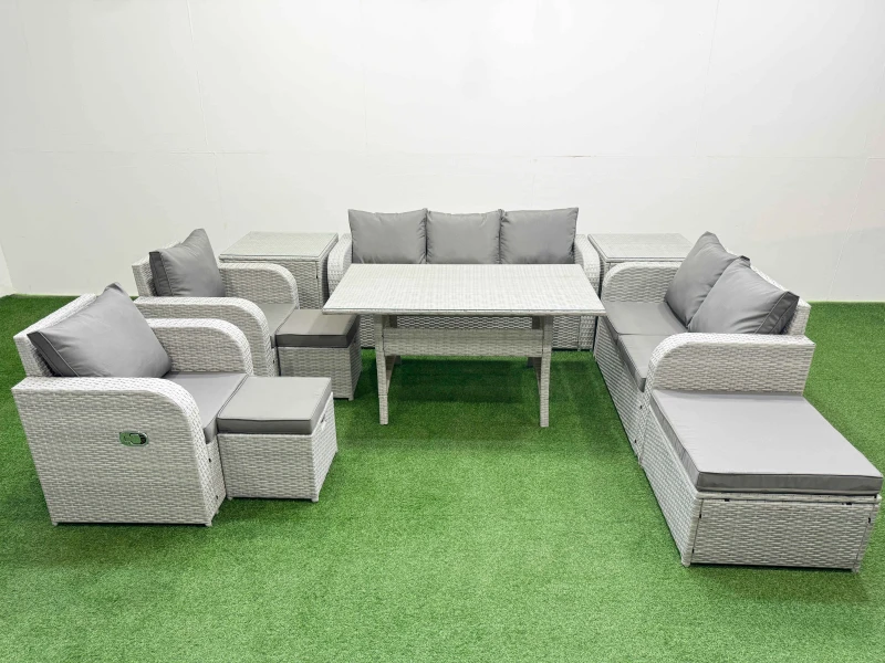 Image of Fimous PE Rattan Garden Furniture Set Reclining Chair Sofa Double Love Seat 2 Seater Sofa Lounge Set Rectangular Dining Table 3 Stools 2 Side Table Li