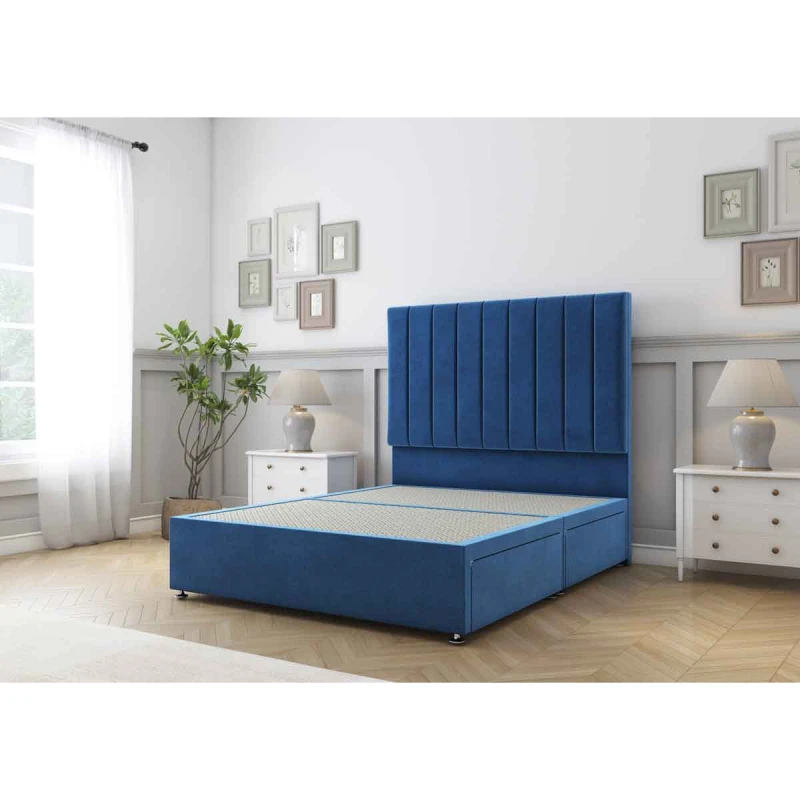 Image of Sloomy Kansas Navy Plush Divan Bed Base 2 Drawers Same Side With 26" Strutted Headboard 4' Small Double