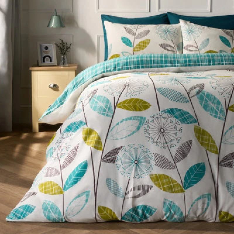 Image of OHS OHS Allium Check Duvet Cover with Pillowcase in Teal Size: Double Teal Double Unisex 5027434101122