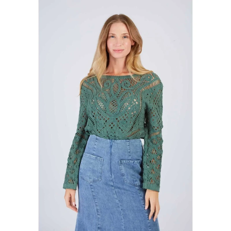 Image of Derhy Womens Crochet Knit Cardigan Derhy Florentine Vert Female L