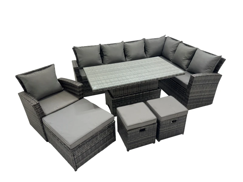 Image of Fimous 10 Seat Rattan Garden Furniture Corner Sofa Set with 3 Footstools in Dark Grey Dark Grey Unisex
