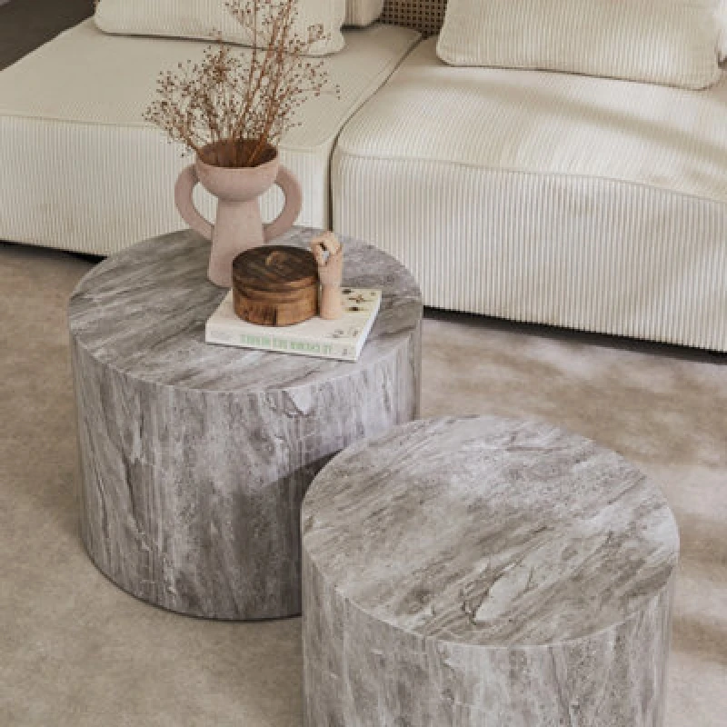 Image of Sweeek - Pair Of Round Marble-Effect Nesting Coffee Tables Grey 58X1X40 Cm - Paros