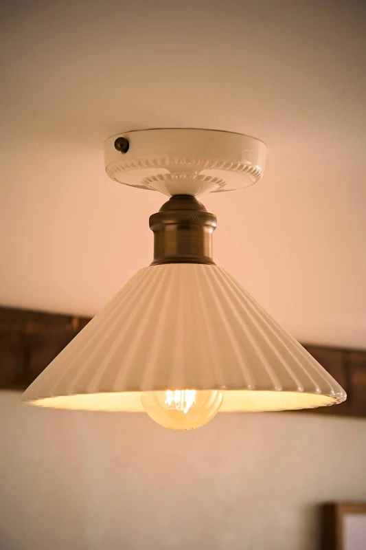 Image of ValueLights Burford White Ceramic Ribbed Semi Flush Ceiling Light with Bulb in Cream Cream Unisex