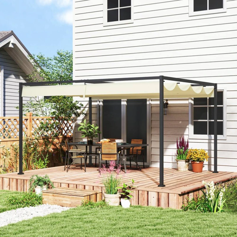 Image of OUTSUNNY 4x3m Metal Pergola Gazebo Patio Sunshelter Retractable Canopy Cream Cream Unisex