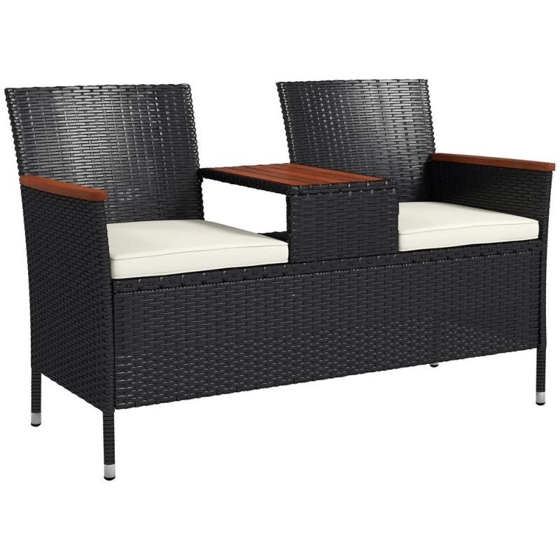 Image of Outsunny Rattan Garden Bench w/ Wood Top Table - Outsunny 5056725515645
