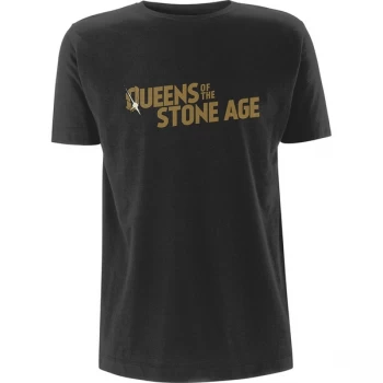 Image of Queens Of The Stone Age - Metallic Text Logo Unisex Large T-Shirt - Grey