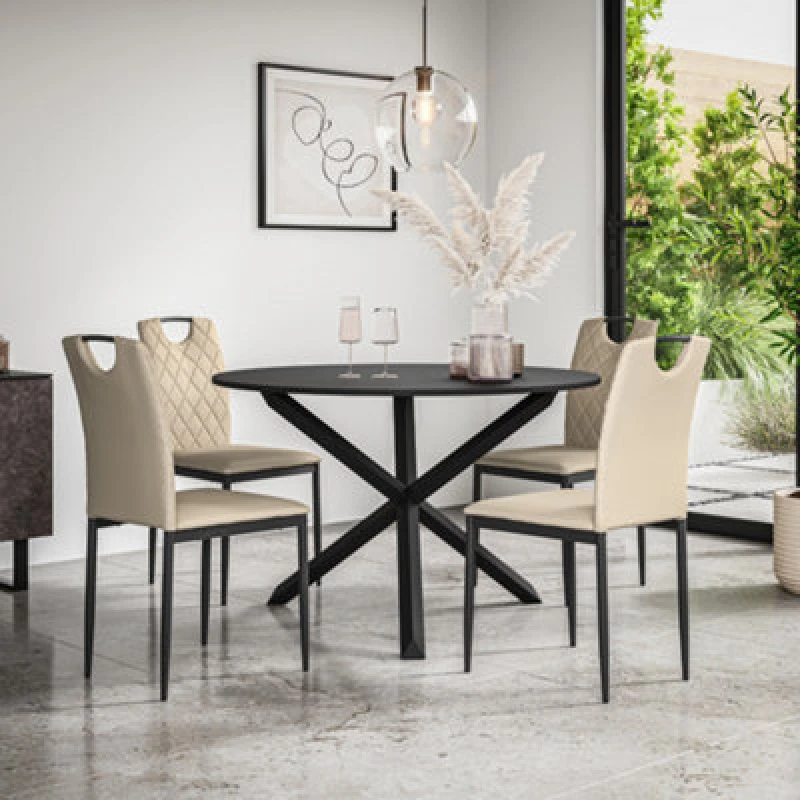 Image of More4Homes Malvern Round Dining Table & Chairs - Black Table Top w Solid Oak Black Legs + Monza Faux Leather Dining Chair Set Of 4 in Beige Beige Unis