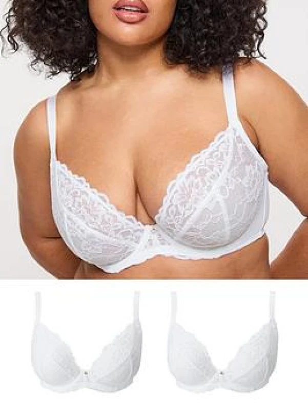 Image of Ann Summers Womens Bridal Sexy Lace Non Padded Fuller Bust Plunge Bra 2 Pack in White Size: 38E White Female 38E
