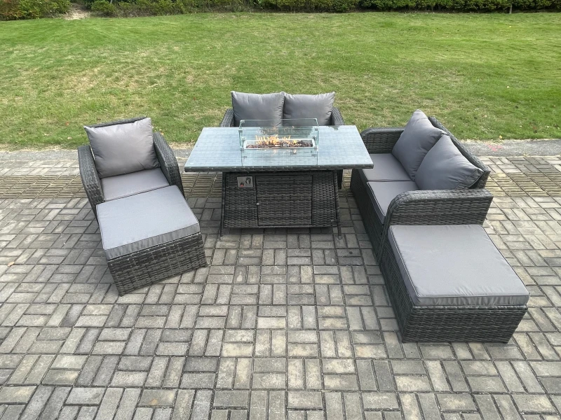 Image of Fimous 6 Seater Rattan Outdoor Garden Furniture Sofa Set Gas Fire Pit Dining Table Gas Heater with Love Sofa Big Footstool Dark Grey