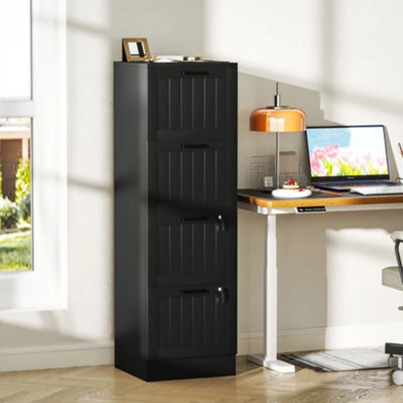 Image of HOMCOM 4 Drawer File Cabinet with Lock & Adjustable Hanging Bars in Black Size: Large Black Unisex Large
