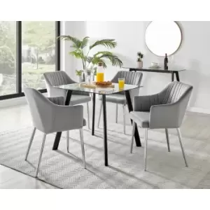 Image of Furniturebox UK - Furniturebox Seattle Glass and Black Metal Leg Square Dining Modern Industrial Dining Table & 4 Grey Calla Silver Leg Velvet Chairs