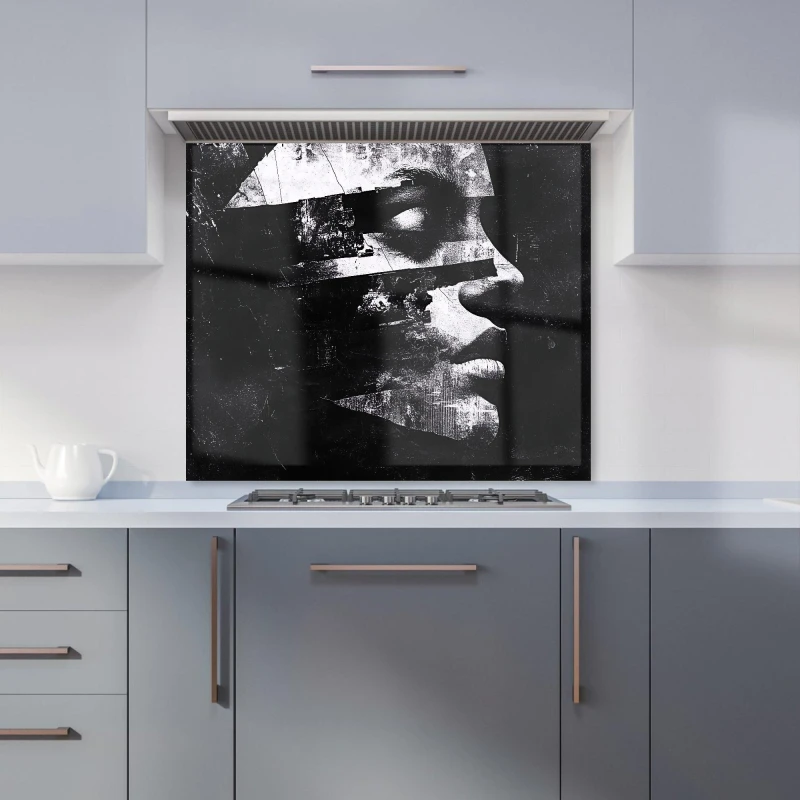 Image of Warren Reed - Designer Fragmented Silhouette in Black & White Kitchen Splashback Size: 600mm x 750mm Black Unisex 600mm x 750mm