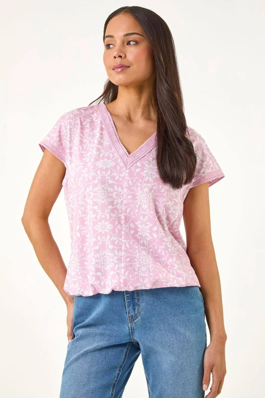 Image of Roman Womens Petite V-Neck Trim Stretch Top in Pink Size: 12 Pink Female 12