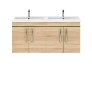 image of Nuie Athena 1200 Wall Hung 4-door Vanity & Ceramic Double Basin - Natural Oak