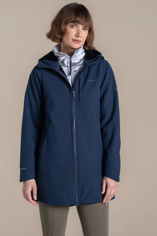 Image of Craghoppers Womens Hopegill Longline Hooded Windproof Water-Repellent Softshell in Navy Size: 8 Navy Female 8