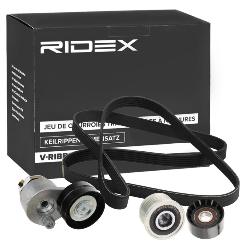 Image of RIDEX 542R0777 V-ribbed belt set Pulleys: with freewheel belt pulley Plastic V-Ribbed Belt Set (542)