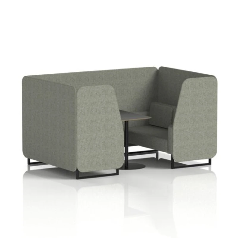Image of Brixworth 4 Seater Office Booth with Front Panel - Black Legs and Black Table with Black Leg in Rivet Fabric - Vitreous Panels and Sofa