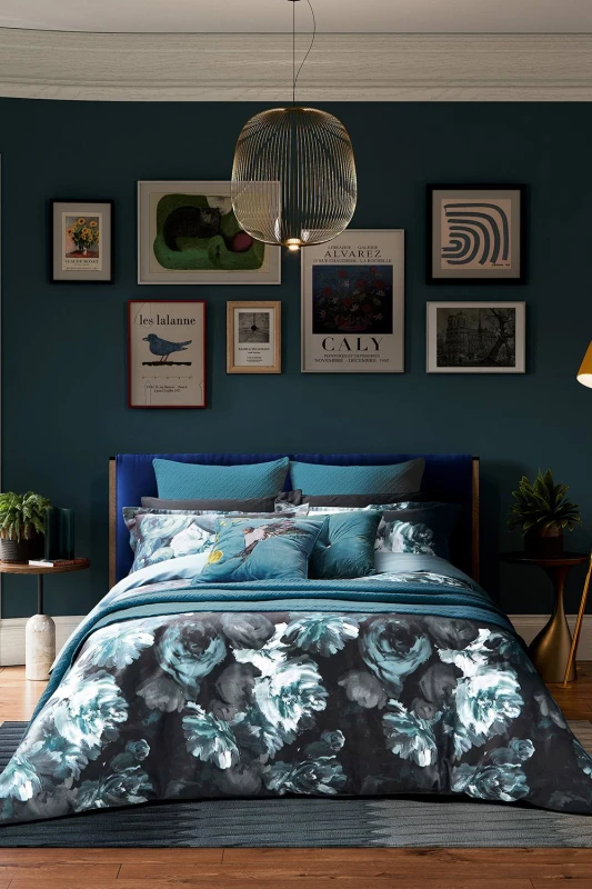 Image of Ted Baker Painted Blooms Duvet Set, Super King, Teal & Black