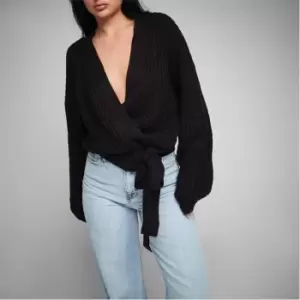 Image of Missguided Petite Chunky Knit Wrap Waist Cardigan - Black