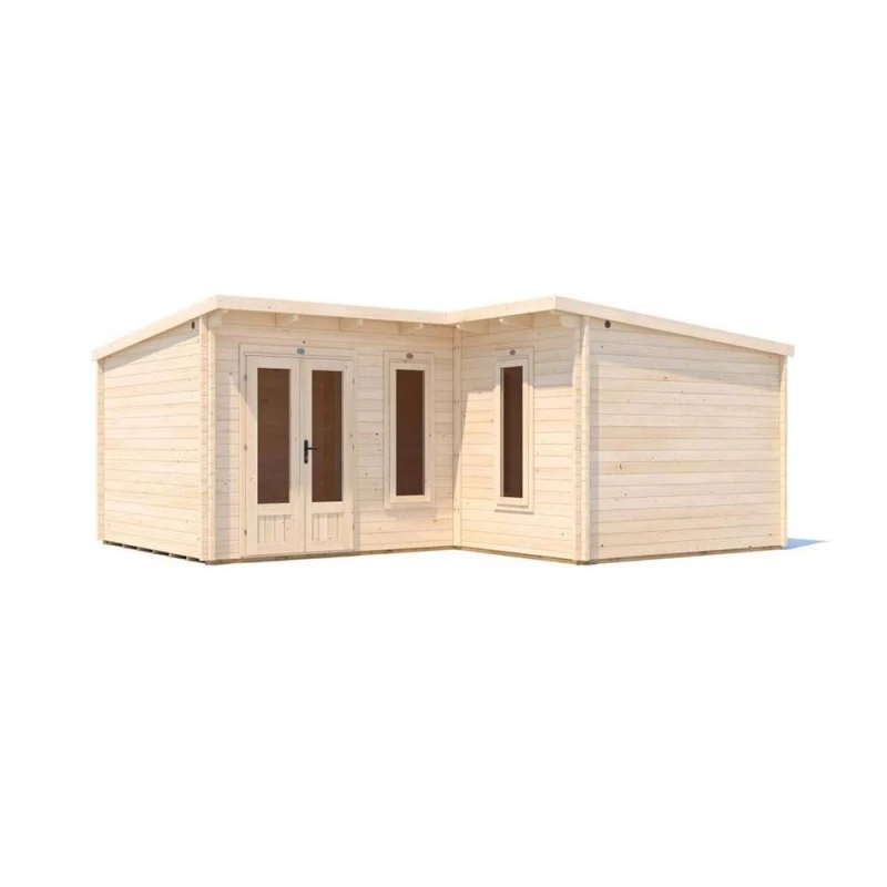 Image of Dunster House L-Shaped Log Cabin Pent Roof 24mm Double Glazed Windows W6M X D5M / W19' X D16'6" Hellwolf