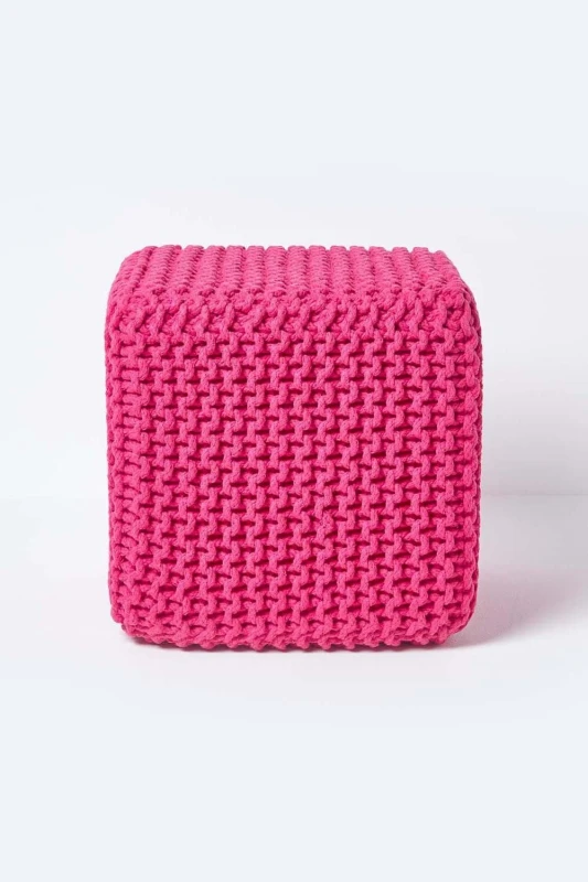 Image of Homescapes Cube Cotton Knitted Pouffe Footstool Pink