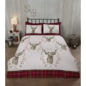 image of Angus Stag Red Double Duvet Cover Set 100% Brushed Cotton Reversible Checked Duvet Set - Red