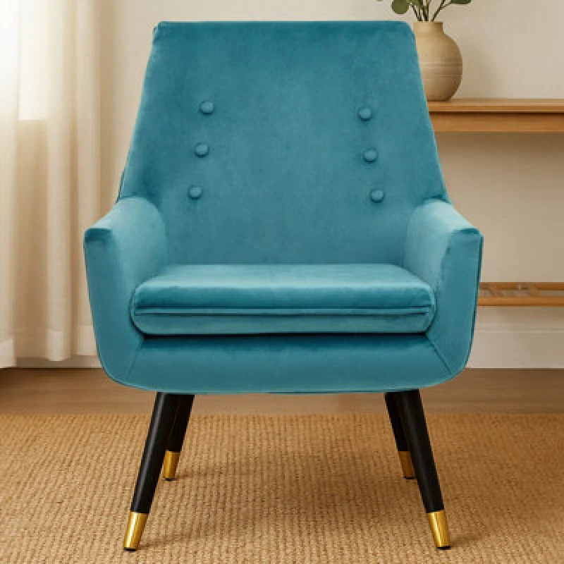 Image of Orsina Green Velvet Armchair For Reading Books, Luxurious Accent Chair With Slanted Wooden Legs, Plush Modern Chair