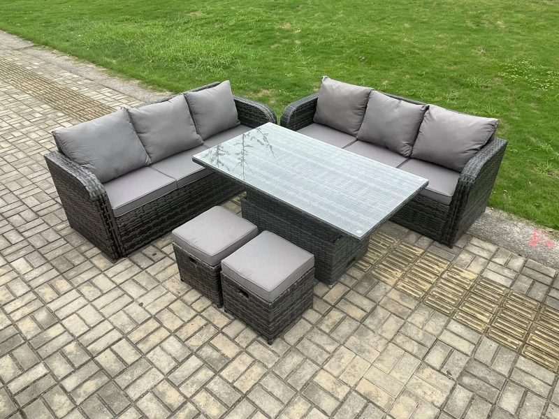 Image of Fimous 8 Seater Outdoor Rattan Garden Furniture Sets Height Adjustable Rising lifting Dining Table Sofa Set with Footstools Dark Grey