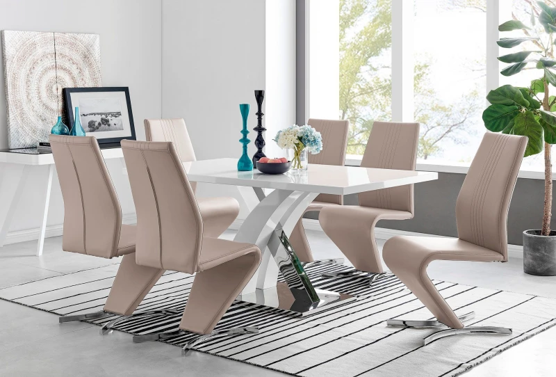 Image of FurnitureboxUK FurnitureboxUK Atlanta Modern Rectangle Chrome Metal High Gloss White Dining Table And 6 Willow Chairs Set in Beige Beige One Size Unis
