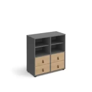 image of Universal cube storage unit 875mm high on glides with 2 matching shelves and 2 sets of drawers - grey with oak inserts