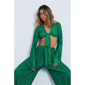 I Saw It First Emerald Green Plisse Tie Front Long Sleeve Crop Top - Green