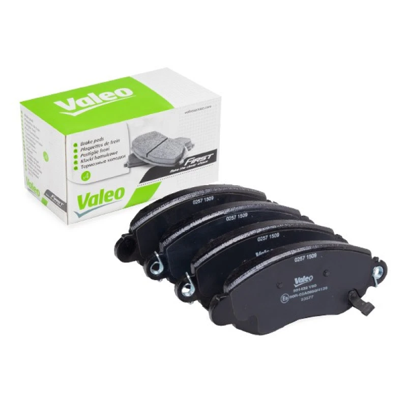 Image of VALEO 301432 Brake pad set Front Axle, with acoustic wear warning, FIRST, with anti-squeak plate Brake Pad Set,disc brake (402)