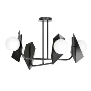 image of Thord Black DesignerSemi Flush Light with White Glass Shades, 4x E14