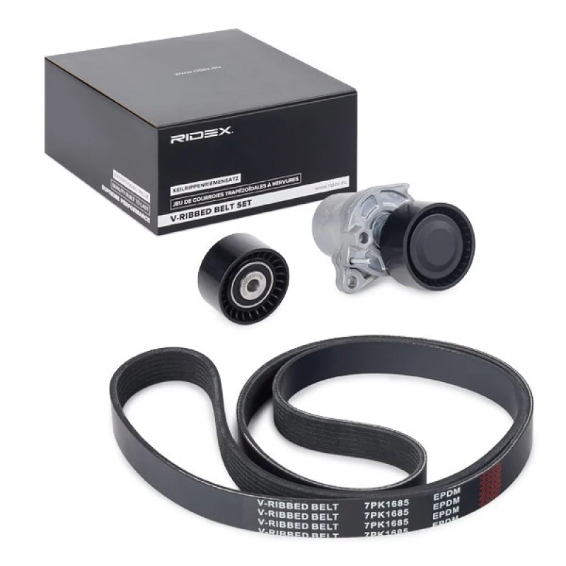 Image of RIDEX 542R0196 V-ribbed belt set Check alternator freewheel clutch & replace if necessary V-Ribbed Belt Set (542)