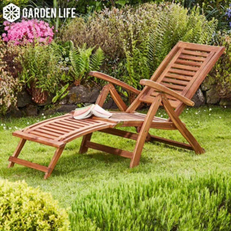 Image of Garden Gear Acacia Hardwood Folding Steamer Deckchair Pre-Treated Garden Furniture With Adjustable Backrest & Integrated Footstool (X2)