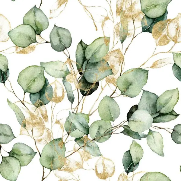 image of MURIVA Muriva Eucalyptus Green Wallpaper Metallic Gold Effect Leaves Feature Wall WL-210501