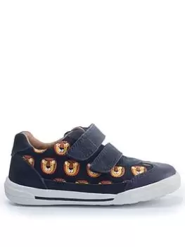 Image of Start-rite X Jojo Maman B&eacute;b&eacute; Chums Navy Lion Print Leather Double Riptape Boys Trainers - Navy Blue, Navy, Size 10 Younger