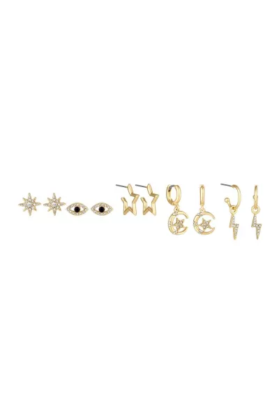 image of Gold Blue Crystal Evil Eye And Celestial Stud Earrings - Pack of 5