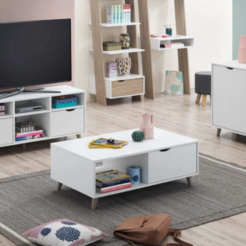 Image of Timber Art Design Pulford Scandi Coffee Table 2 Drawers White Living Room Storage Furniture