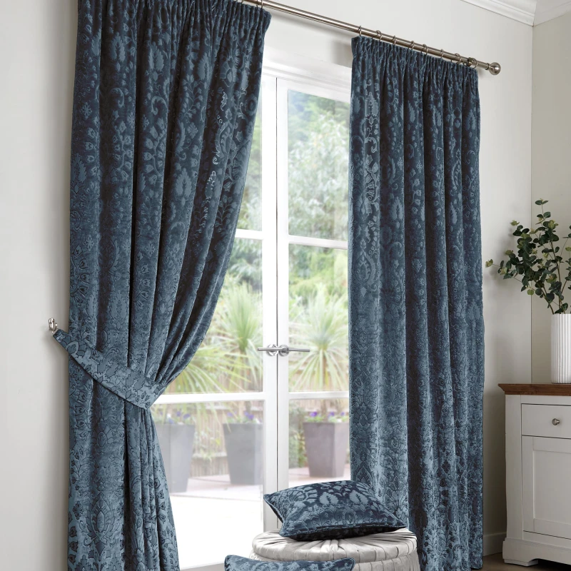 Image of Curtina Curtina Trinity Jacquard Pair Of Pencil Pleat Curtains Blue WG0EB Unisex 229x229cm(90x90inches)