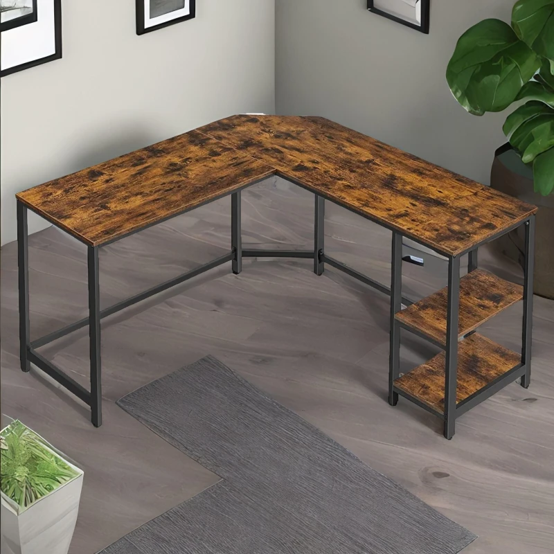 Image of Rafaelo Mobilia Industrial Rustic L-Shaped Writing Desk With Steel Frame in Brown Brown Unisex