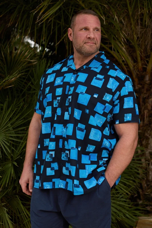 Image of BadRhino BadRhino Men Square Print Revere Collar Shirt in Mid Navy Size: 3X-Large Mid Navy XXXL Male 5063111986255