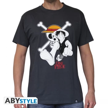 Image of One Piece - Luffy & Emblem Mens Large T-Shirt - Grey