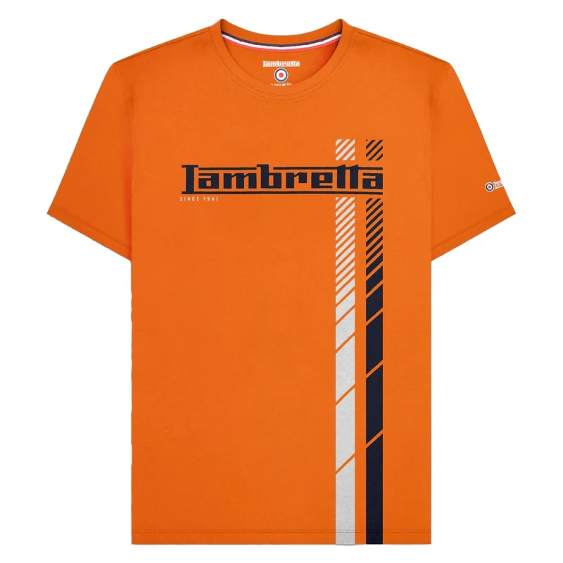 Image of Lambretta Lambretta Men SS25 Racing Stripe Big & Tall T-Shirt in Orange Size: 3X-Large Orange XXXL Male 5063703756556