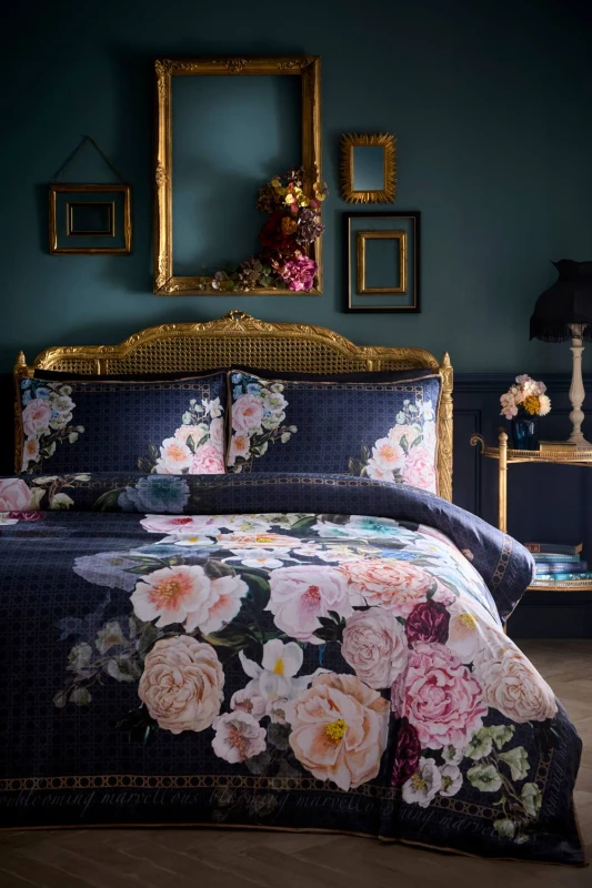 Image of Laurence Llewelyn-Bowen 'Bouquet List' 100% Cotton Sateen Floral Duvet Cover Set in Navy Size: Double Navy Unisex Double