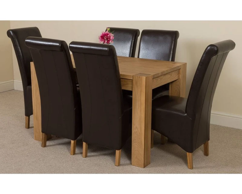 Image of Thats Furniture Kuba 125 x 80cm Chunky Oak Small Dining Table & 6 Montana Leather Chairs in Brown Brown Unisex 125 x 80 cm