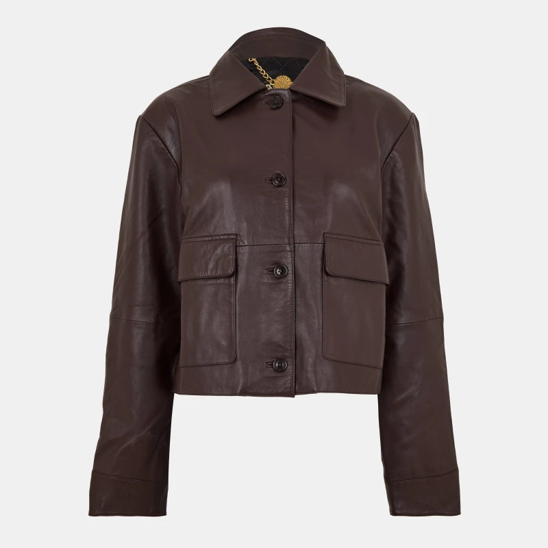 Image of Biba Womens Collar Hip Length Long Sleeve Leather Jacket Brown female 10 (S)