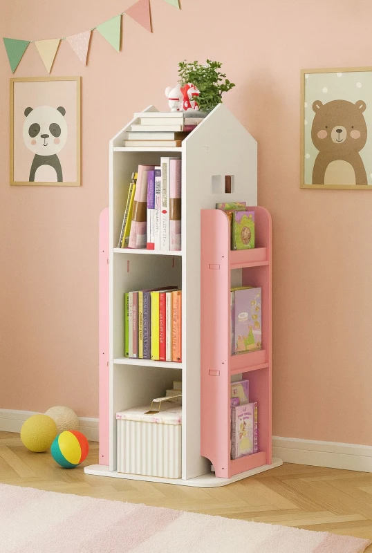 Image of Neo Pink House Shaped 360° Rotating Kid's Children's Freestanding Bookshelf Pink Unisex
